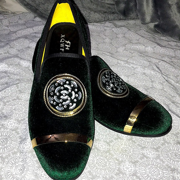 Green and gold dress shoe loafers